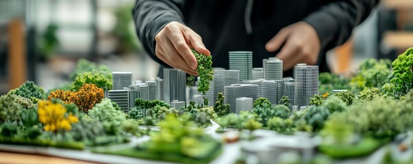 Urban planner creating a detailed model with integrated greenery, symbolizing the future of sustainable city planning, green architecture, and ecofriendly urban design