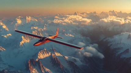 Red glider soaring above snowy mountain peaks at sunset.