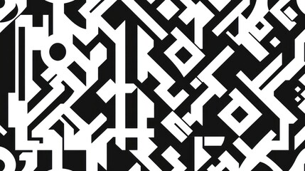 Arabic calligraphy in traditional Kufic style, geometric patterns, black and white 