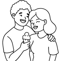smiling interracial couple hug eat ice cream