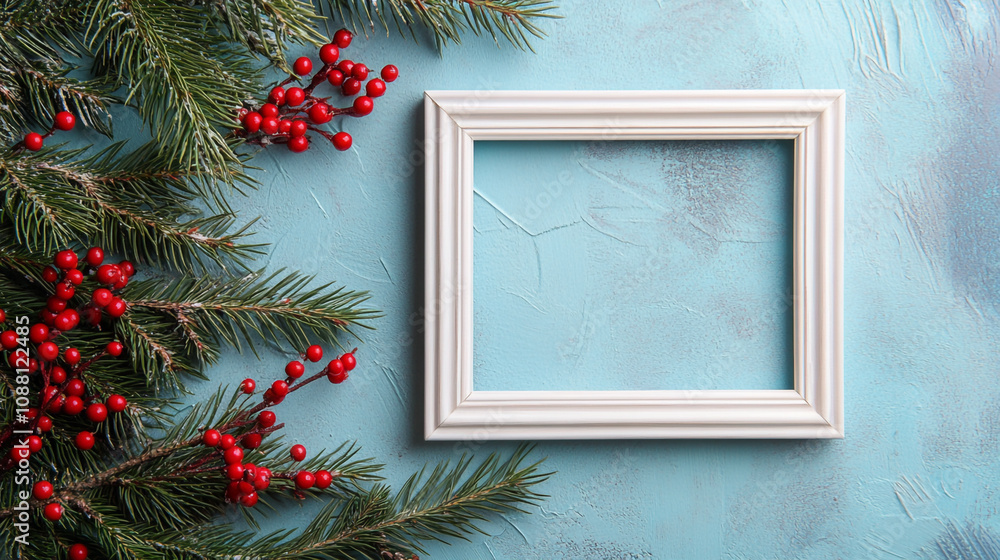 Poster decorative empty frame surrounded by festive greenery and red berries on a blue background