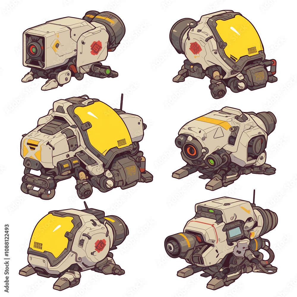 Aufkleber futuristic robotic devices with yellow accents and intricate designs, showcasing cyberpunk aesthetic
