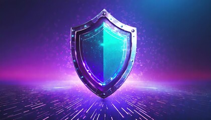 A vibrant shield icon with a glowing center, set against a purple and blue background, symbolizing protection and security.
