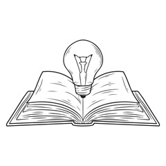 Open book with light bulb on top. Vector illustration in sketch style.