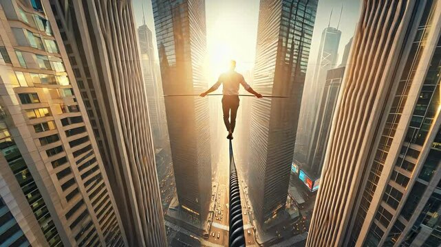 Man balancing on tightrope between skyscrapers