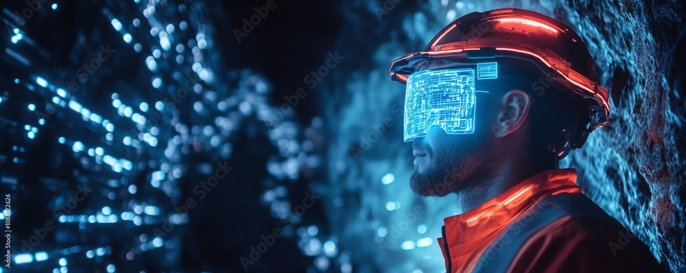 Aufkleber Closeup of a miner in a hightech underground mine, utilizing a neon blue holographic interface for realtime data and precise resource extraction