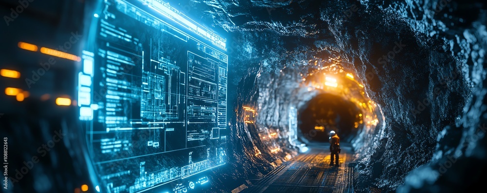 Aufkleber Closeup of a miner in a hightech underground mine, utilizing a neon blue holographic interface for realtime data and precise resource extraction