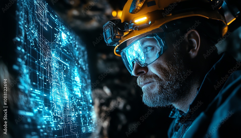 Aufkleber Closeup of a miner using a glowing neon blue holographic interface underground, accessing detailed data for efficient resource extraction in a futuristic mining scenario