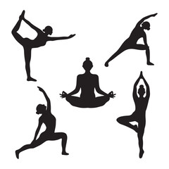 Set of silhouettes of yoga poses. Vector illustration isolated on white background.