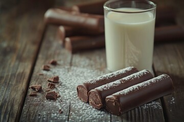 Chocolate bars and a glass of milk on a wooden table.