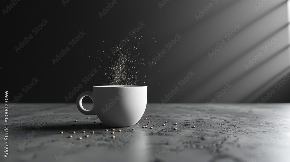 Poster a white cup with steam rising from it sits on a gray surface with small brown seeds scattered around