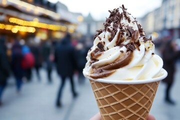 A delicious ice cream cone topped with chocolate shavings.