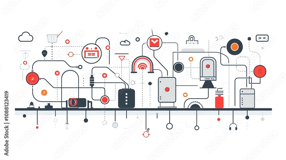 Poster abstract illustration of interconnected devices and systems, representing automation, technology, an