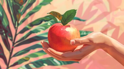 Hand offering a ripe red apple against a tropical backdrop.