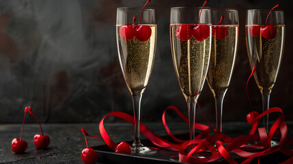 champagne glasses with red ribbons and a cherry in each glass