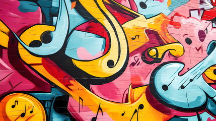Urban street beats: graffiti wall covered in vibrant music notes and hip-hop elements. Dynamic Street Graffiti. Illustration