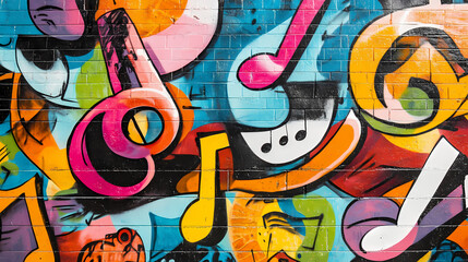 Obraz premium Urban street beats: graffiti wall covered in vibrant music notes and hip-hop elements. Dynamic Street Graffiti. Illustration