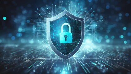 A digital shield with a padlock symbolizes cybersecurity, protecting data and privacy in a high-tech environment filled with glowing particles.