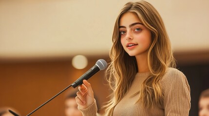 A young woman with long, wavy hair speaks confidently into a microphone at an event, exuding charm and poise in a stylish outfit.