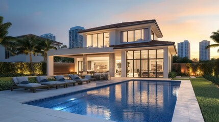 Obraz premium Front villa exterior with modern swimming pool. Suburban mansion building with garage and city view. Residential family cottage in Florida village.