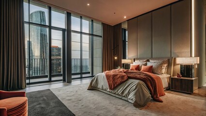 Obraz premium Modern luxury bedroom with city view and sophisticated interior design