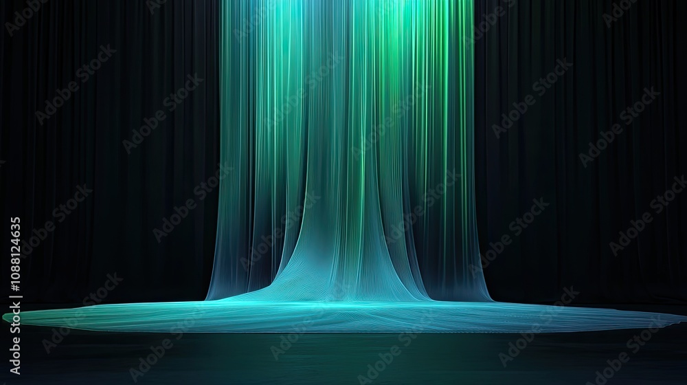 Poster ethereal fabric flowing in a dark space with blue and green lighting creating a mystical and dreamy 