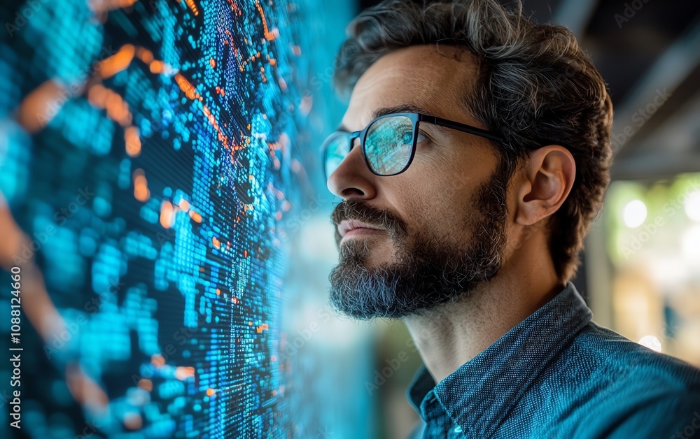 Aufkleber american it specialist studying complex digital data on a futuristic screen, deeply immersed in tech