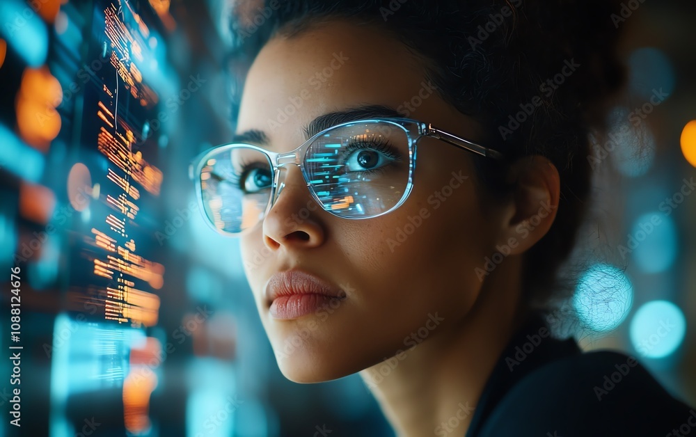 Poster american it specialist studying complex digital data on a futuristic screen, deeply immersed in tech