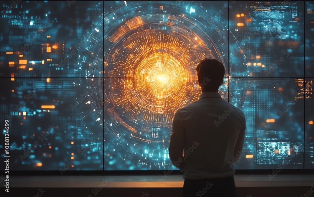 Poster american it specialist working with a large digital screen, analyzing futuristic data with intense f