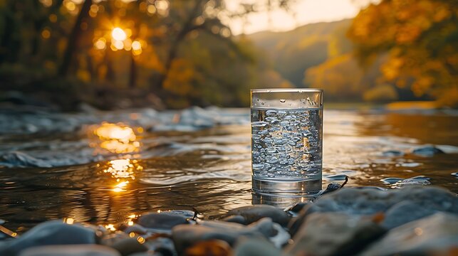 A serene and crisp photo of a glass of water in a beautiful and calm riverside location. 