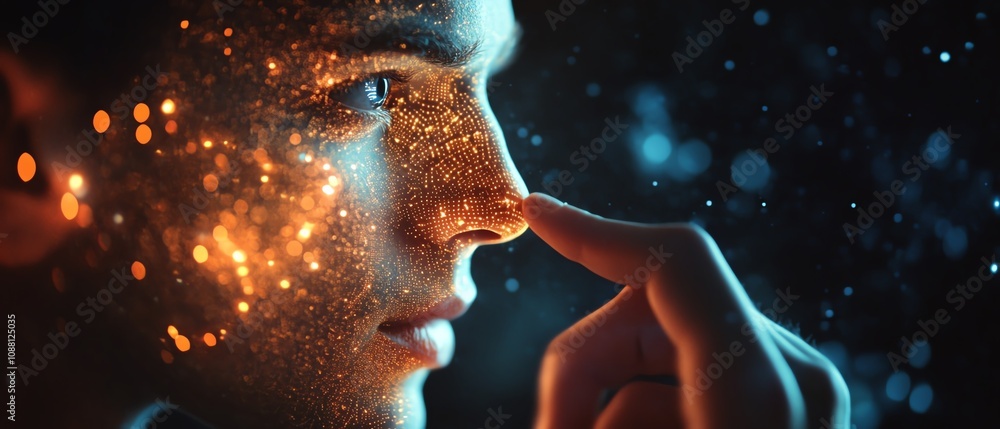 Fototapete closeup of a man touching a digital brain interface, illustrating the seamless connection between hu