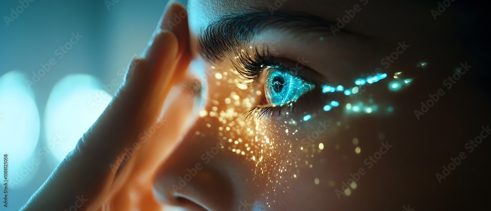 Fototapete Closeup of a man touching a digital brain interface, illustrating the seamless connection between human intelligence and artificial intelligence in a futuristic setting