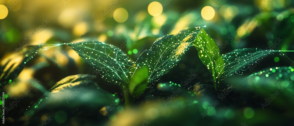 Poster closeup of green plants in a field, linked by glowing ai data lines, showcasing the integration of a