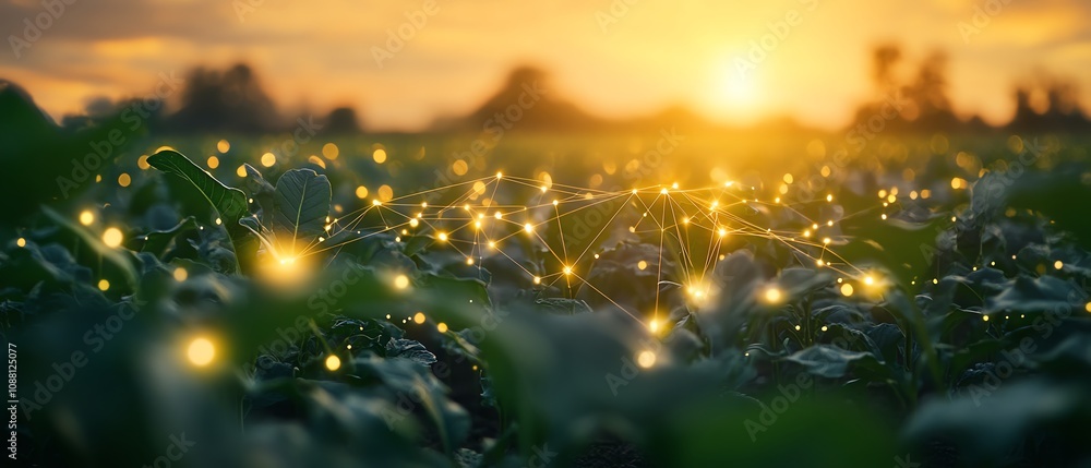Poster Closeup of green plants in a field, linked by glowing AI data lines, showcasing the integration of artificial intelligence in modern farming and precision agriculture