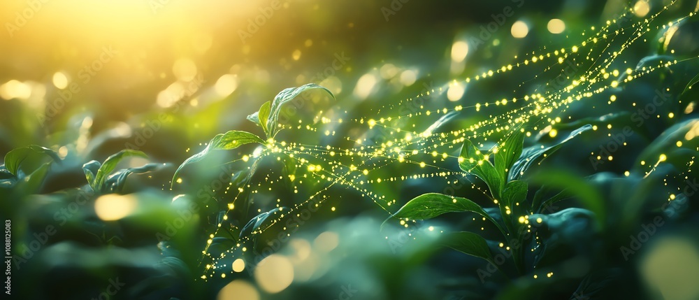 Poster closeup of green plants in a field, linked by glowing ai data lines, showcasing the integration of a