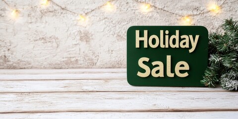 Holiday sale sign on a wooden table with festive decorations and soft lighting.
