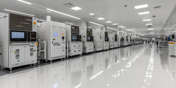 A semiconductor fabrication plant. A modern clean and organized DX age production factory or fab. DX industry 4.0 concept. generative AI. 