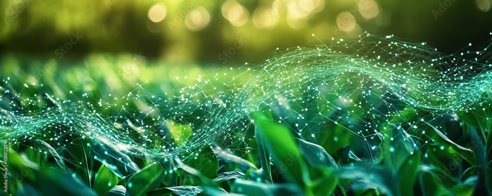 Poster digital ai data lines flowing through a field of green plants
