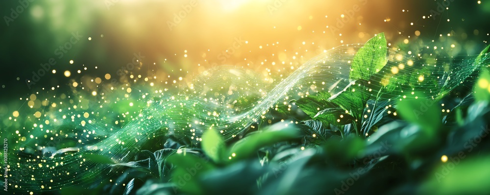 Poster Digital AI data lines flowing through a field of green plants