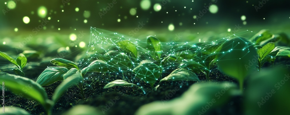 Poster Digital AI data lines flowing through a field of green plants