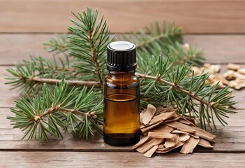 A bottle of cedarwood essential oil with cedarwood chips and branches on a wooden table