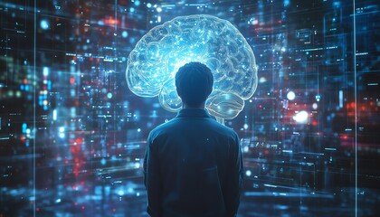 Digital brain interface activated by a man, highlighting the connection between human cognitive abilities and artificial intelligence in a hightech, futuristic environment