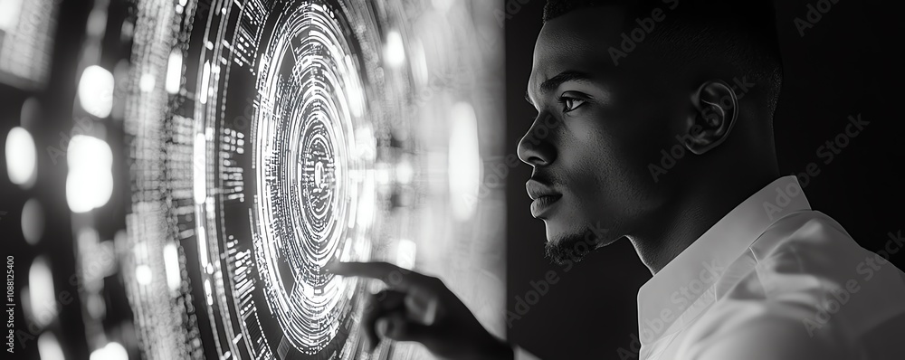 Poster focused american it specialist examining advanced digital data on a futuristic screen, showcasing te