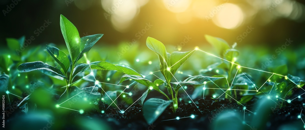 Poster futuristic green plants in a field, interconnected by bright digital ai data lines, illustrating the