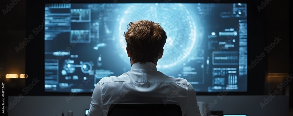 Poster focused american it specialist analyzing futuristic data on a large digital screen, immersed in tech