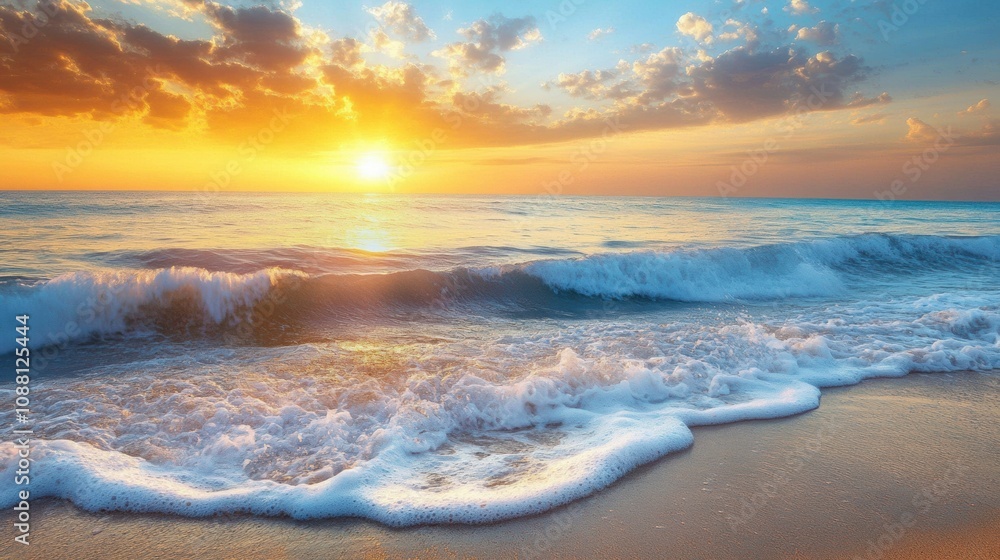 Poster the sun sets on the horizon, casting warm colors over the ocean waves gently lapping at the shore, c