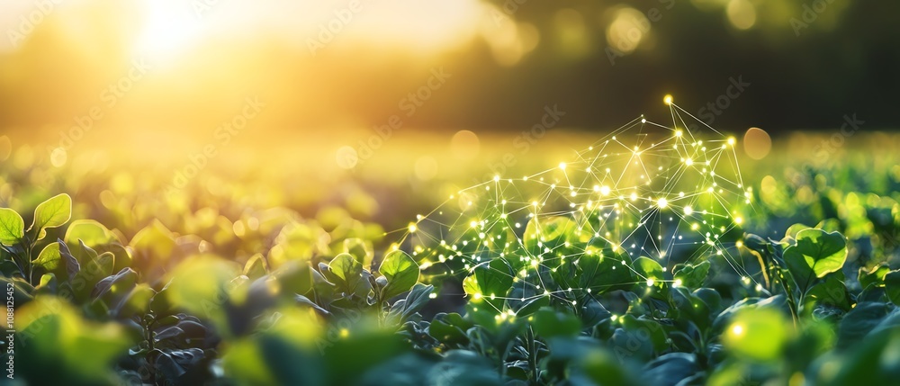 Aufkleber Futuristic green plants in a field, interconnected by bright digital AI data lines, illustrating the integration of AI technology in modern precision agriculture practices