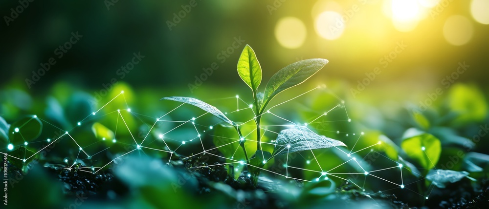 Leinwandbilder futuristic green plants in a field, interconnected by bright digital ai data lines, illustrating the