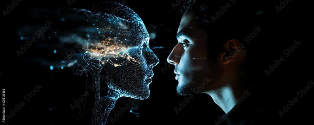 Aufkleber Futuristic man engaging with a digital brain interface, symbolizing the fusion of human cognition and AI in an advanced technological environment