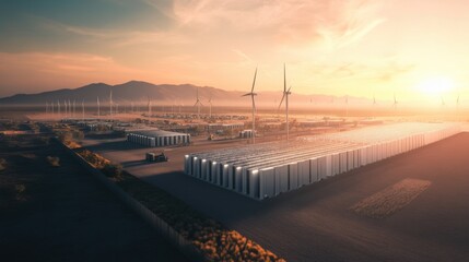 A futuristic energy storage facility with rows of massive batteries and renewable energy integration, Grid-scale energy storage style, photo of